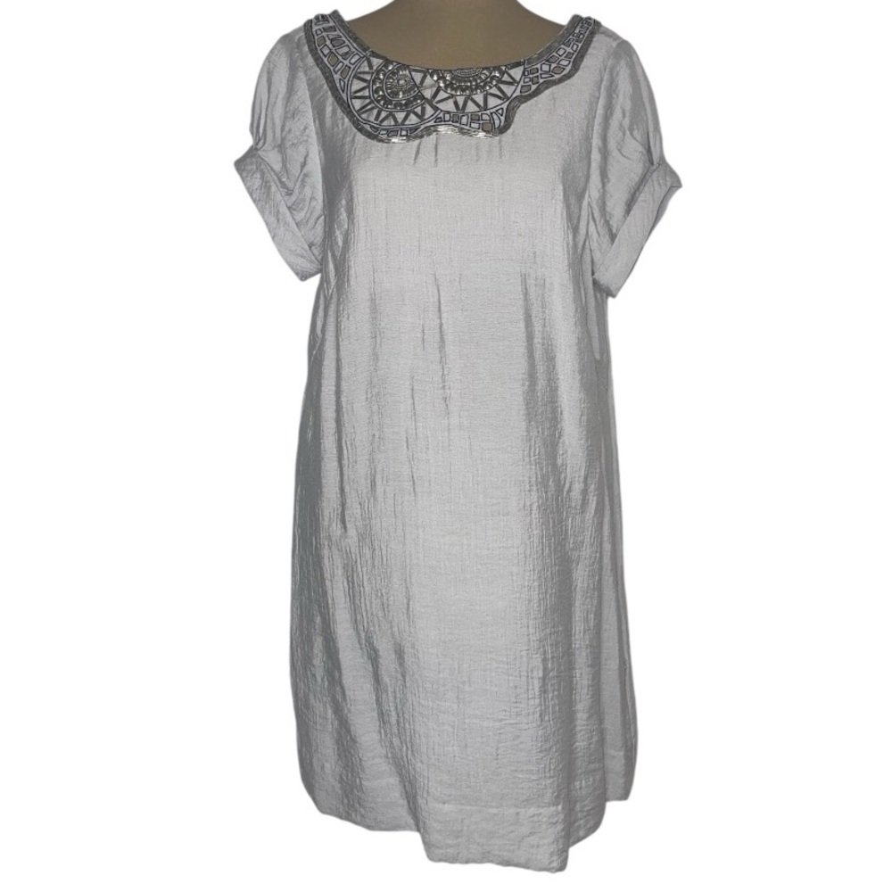 BCBGMaxAzria Light Grey Embroidered Low Neck Dress with Pockets